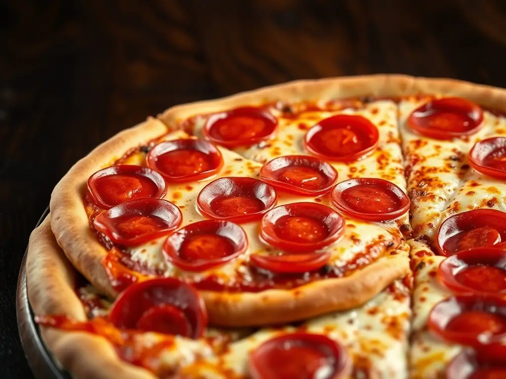 A visually appealing image of a pepperoni pizza with generous slices of pepperoni, melted cheese, and a slightly charred crust, highlighting its savory and classic appeal.