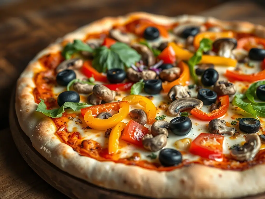A vibrant image of a vegetarian pizza with colorful vegetables such as bell peppers, mushrooms, onions, and olives, showcasing its fresh and healthy ingredients.
