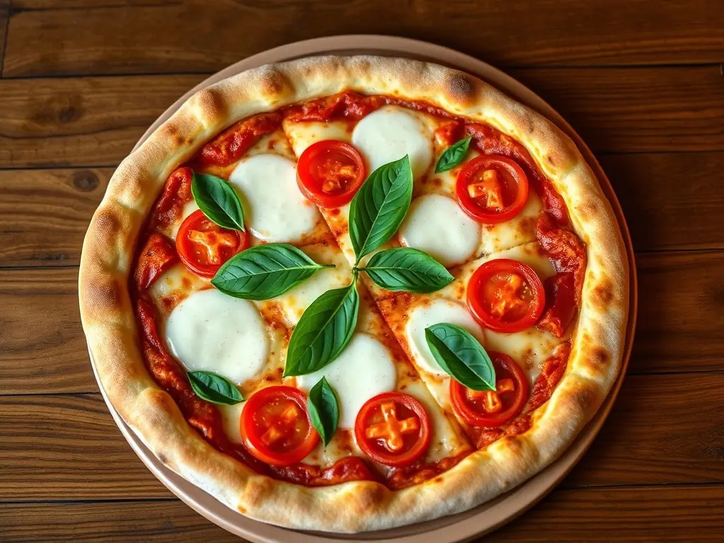 A vibrant, overhead shot of a 'Mediterranean Delight' pizza, showcasing toppings like feta cheese, olives, sun-dried tomatoes, and spinach on a crispy crust, served on a wooden pizza peel.