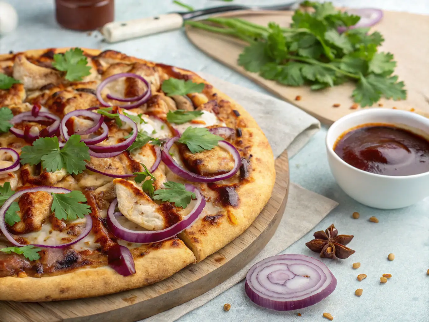 A visually appealing image of a 'BBQ Chicken Ranch' pizza, featuring grilled chicken, red onions, cilantro, and a swirl of BBQ sauce and ranch dressing on a golden-brown crust.