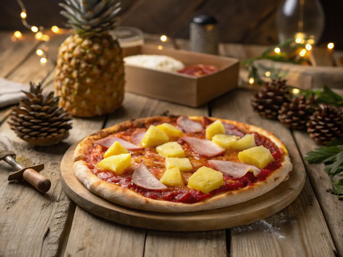 An appetizing image of a Hawaiian pizza, showcasing the combination of ham, pineapple, and melted cheese on a golden crust. The pizza is presented on a wooden board, ready to be enjoyed.