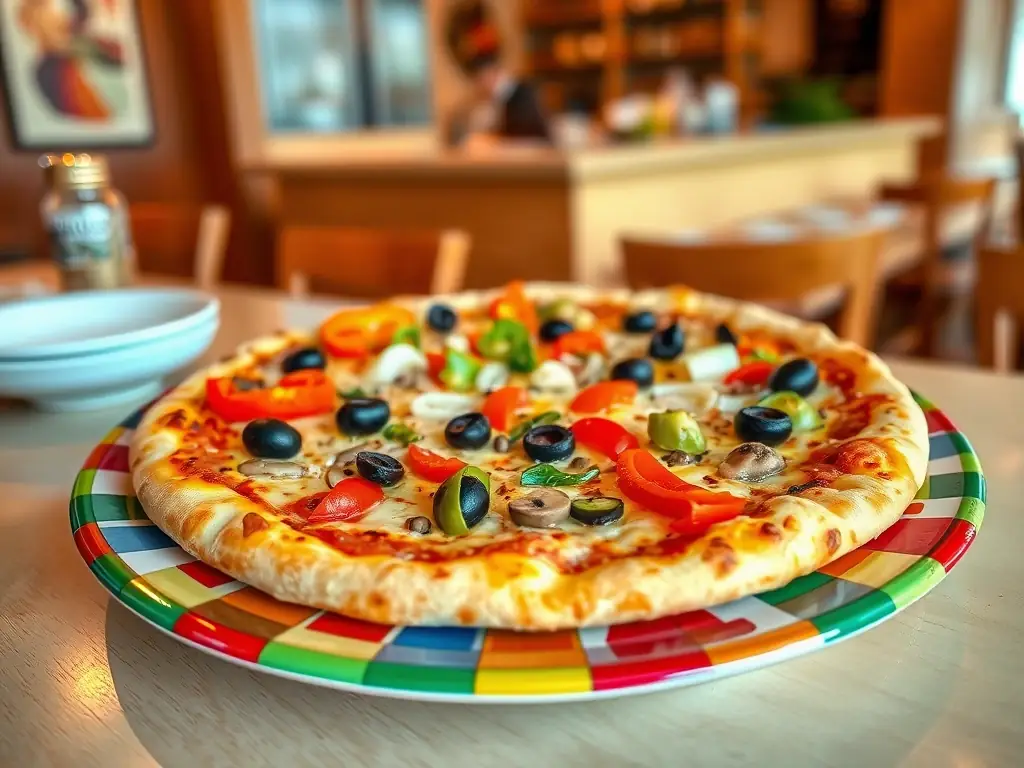 A close-up image of a 'Vegan Supreme' pizza, highlighting the plant-based cheese, colorful vegetables like bell peppers and onions, and a sprinkle of herbs on a whole wheat crust.