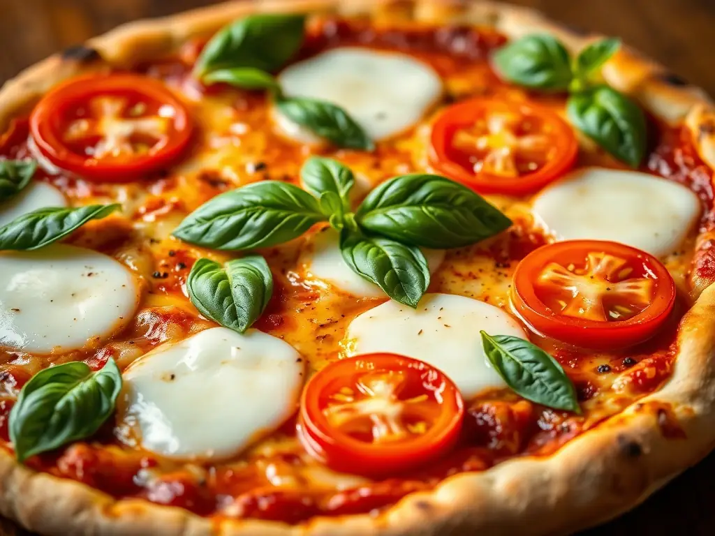 A vibrant, overhead shot of a freshly baked Margherita pizza, showcasing its bright red tomato sauce, fresh basil leaves, and melted mozzarella cheese. The crust is golden brown and slightly charred, indicating a perfect bake.